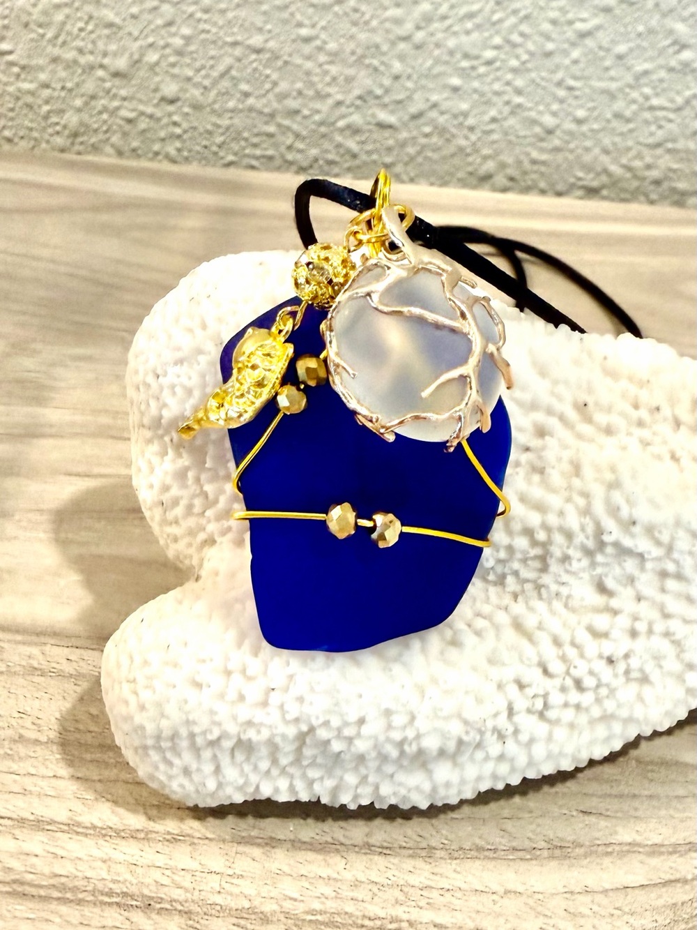 117. Handmade Blue Sea Glass Necklace with Gold fish charm and sea marble